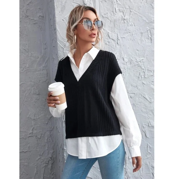 2 in 1 Black Knit Vest On White Button Up Shirt - Picture 5 of 12